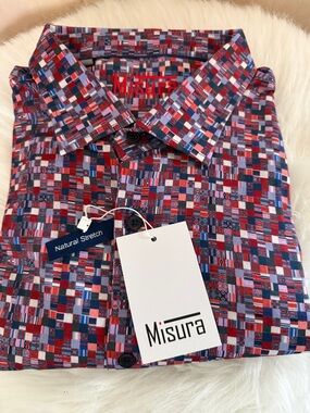 Misura 3XL Men's Red, White & Blue Geometric Button-Down Long Sleeve Shirt